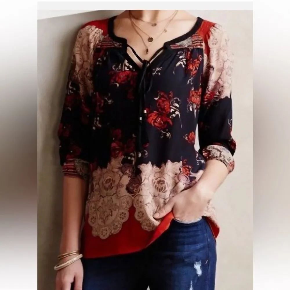 Meadow Rue Anthropologie Navy Blue Orange Floral 100% Silk Tie Peasant Blouse